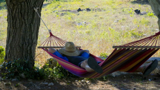 Sleeping man on old fashioned vintage hammock in the garden