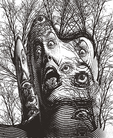 Surreal engraving of haunted forest and eyeballs with scary woman screaming