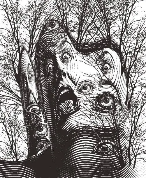 Vector illustration of Surreal engraving of haunted forest and eyeballs with scary woman screaming
