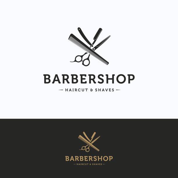 ilustrações, clipart, desenhos animados e ícones de logotipo de barbearia - barbeiro salão de cabeleireiro