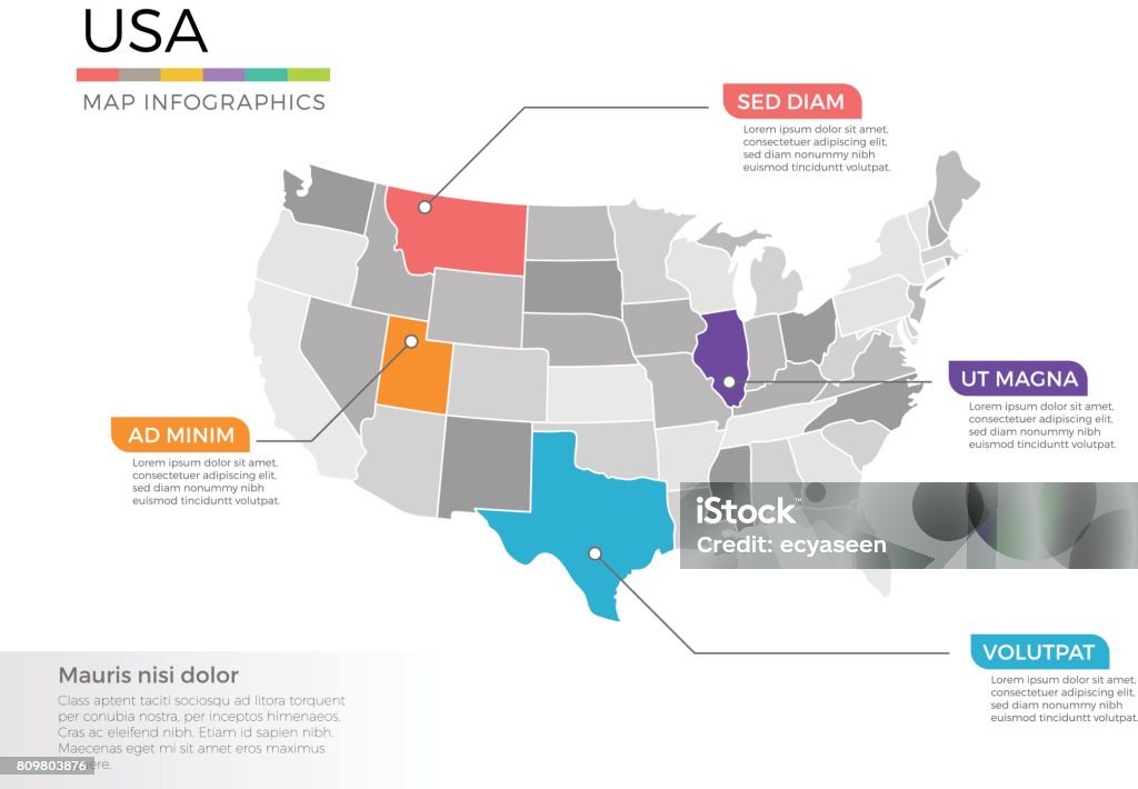 USA Karte Infografiken Vektor Vorlage mit Zeiger Marken und Regionen - Lizenzfrei USA Vektorgrafik