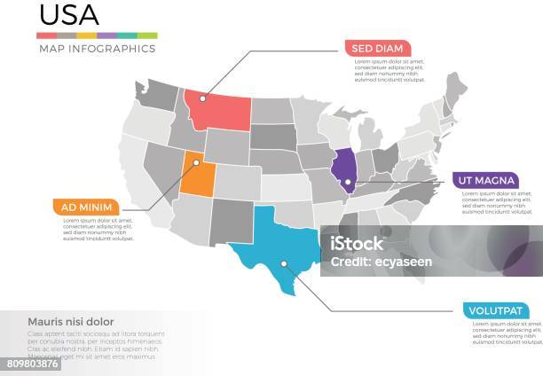 Usa Karte Infografiken Vektor Vorlage Mit Zeiger Marken Und Regionen Stock Vektor Art und mehr Bilder von USA