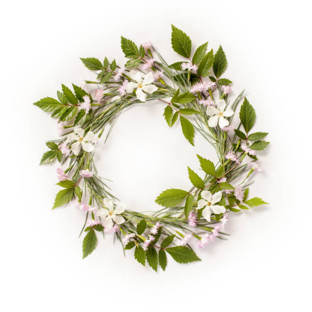 istock Frame wreath with flowers, branches, leaves and petals isolated on white background. Flat lay, overhead view. 809811434