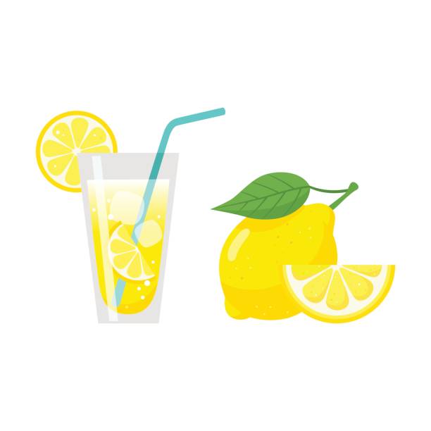 illustrazioni stock, clip art, cartoni animati e icone di tendenza di bicchiere di succo di limonata con paglia, fetta di limone e frutta fresca al limone - limonata