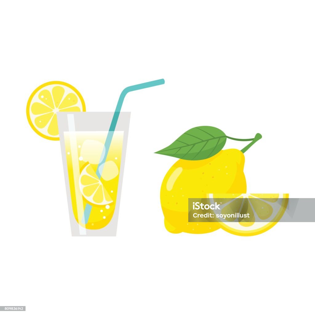 Glass of lemonade juice with straw,lemon slice and fresh lemon fruit Glass, lemonade, juice,straw,lemon slice, lemon fruit,ice,food,drink Lemonade stock vector