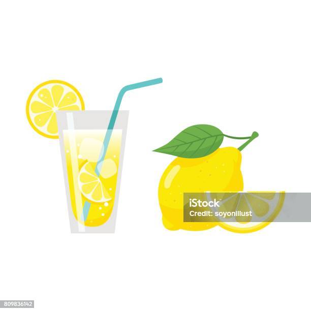 Glass Of Lemonade Juice With Strawlemon Slice And Fresh Lemon Fruit Stock Illustration - Download Image Now