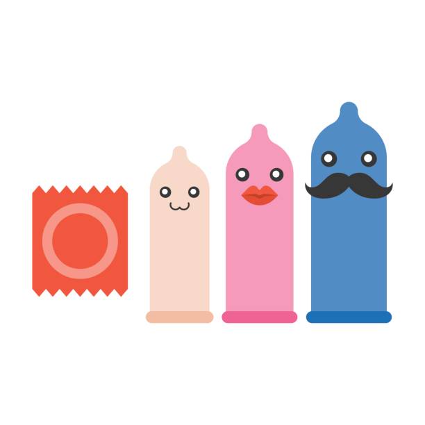 ilustrações de stock, clip art, desenhos animados e ícones de condom size, character vector set - condom penis sex vector