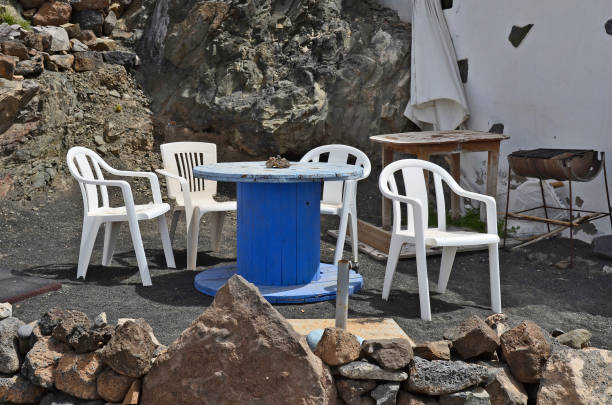 Spain, Canary Island, Fuerteventura, rest area with cable drum used as table in El Puerte de Los Molinos,