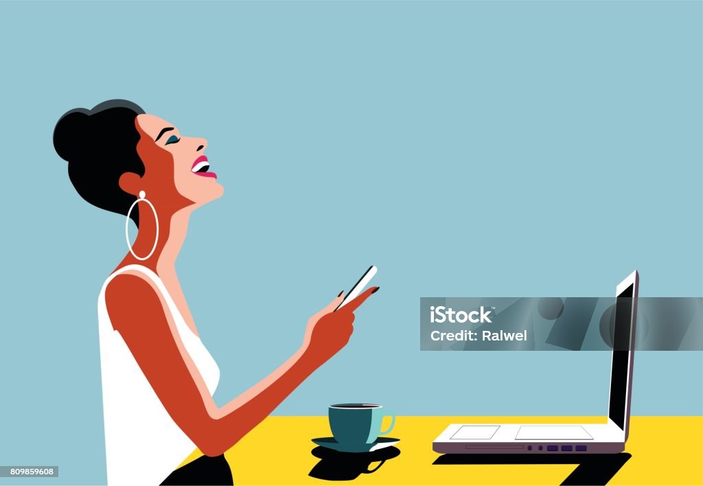 Happy Young Beautiful Woman Using Smartphone and Laptop Happy Young Beautiful Woman Using Smartphone and Laptop, Indoors. Retro vintage illustration, pop art, vector illustration. Women stock vector