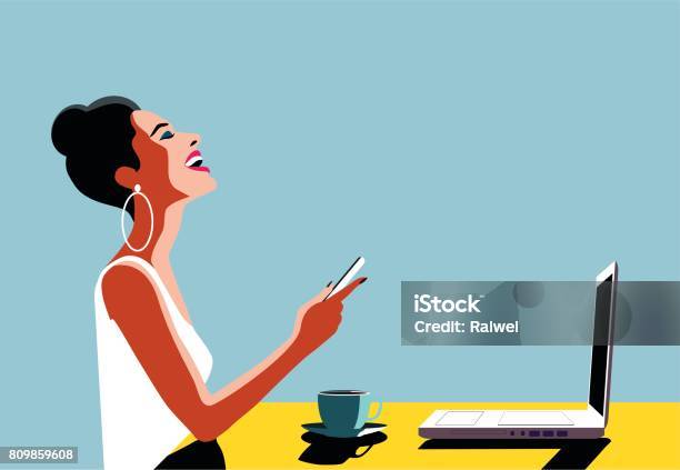 Happy Young Beautiful Woman Using Smartphone And Laptop Stock Illustration - Download Image Now