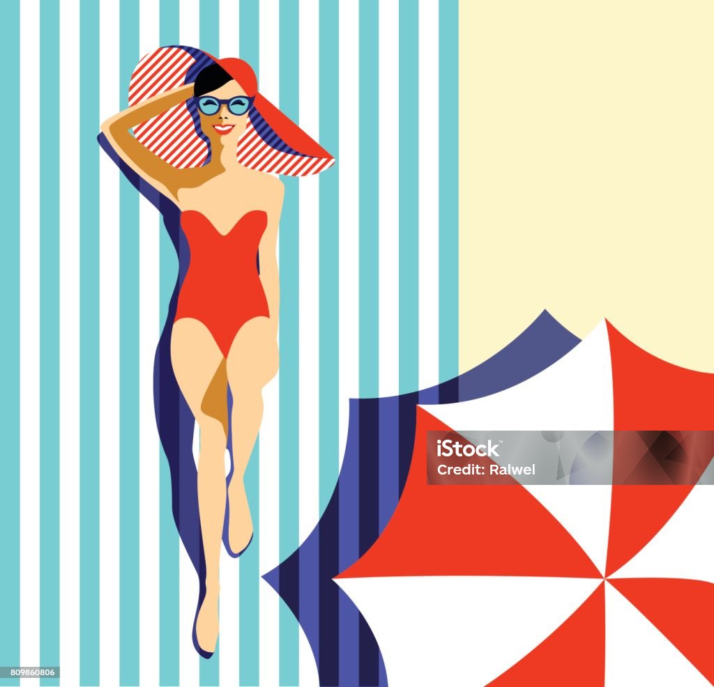 Beautiful young woman tanning, with sunglasses, hat, retro style. Pop art. Summer holiday. Beautiful young woman tanning, with sunglasses, hat, retro style. Pop art. Summer holiday. Vector eps10 illustration Retro Style stock vector