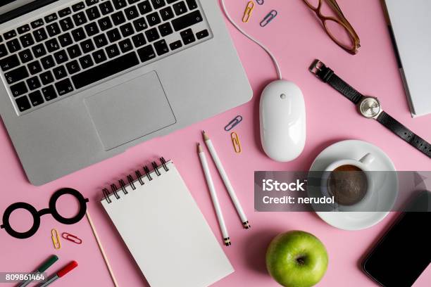 Working Space Business Freelance Concept Top View Above Flat Lay Laptop Pink Background Stock Photo - Download Image Now