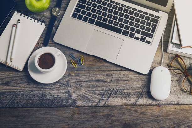 istock Working Space Business Freelance Concept Top View Above Flat Lay with Hands Working on Laptop. Toning. 809861478