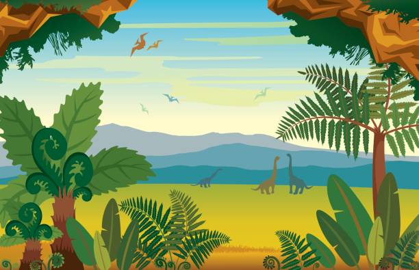 Prehistoric landscape with dinosaurs, mountains and plants. Vector illustration with extinct animals - pterodactyl and diplodocus. Prehistoric landscape with silhouette of dinosaurs, mountains and green plants. prehistoric era stock illustrations