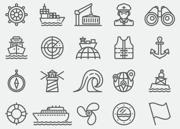 ilustraciones, imágenes clip art, dibujos animados e iconos de stock de iconos de línea náutica - anchor harbor vector symbol