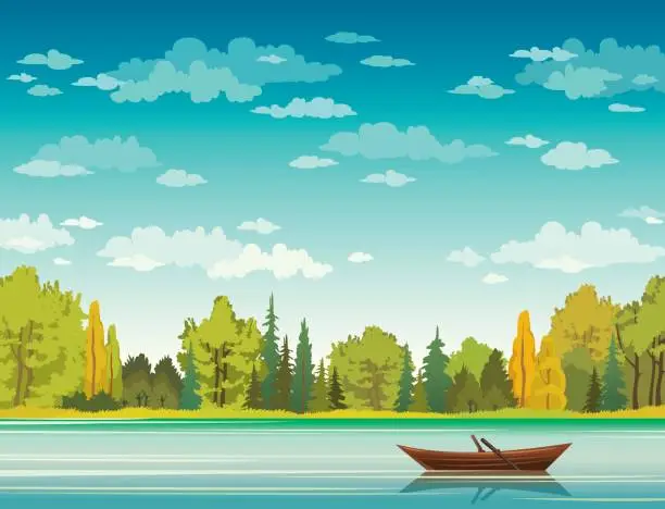 Vector illustration of Autumn landscape - boat, lake, forest.