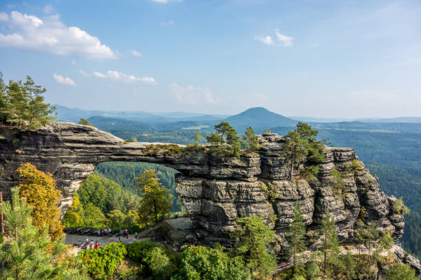 Czech Switzerland Pravcicka brana the largest natural sandstone arch in Europe in Czech Switzerland National Park pravcicka stock pictures, royalty-free photos & images