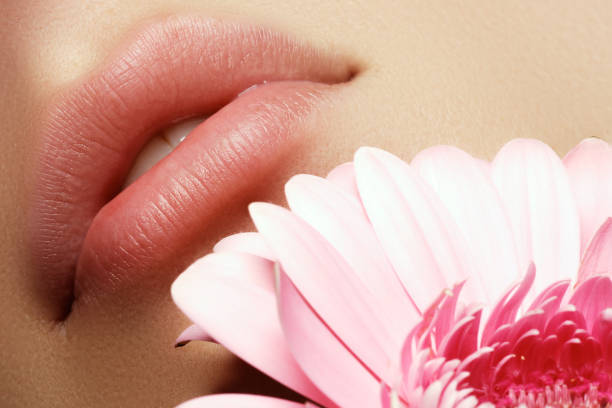 Lips with flower. Close-up beautiful female lips with bright lip Lips with flower. Close-up beautiful female lips with bright lipgloss makeup. Perfect clean skin, light fresh lip make-up. Beautiful spa portrait with tender flower. Spa and cosmetics big fat lips stock pictures, royalty-free photos & images