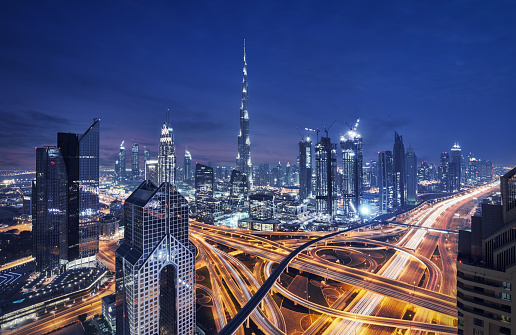 Fantastic nighttime skyline of a big city with illuminated skyscrapers