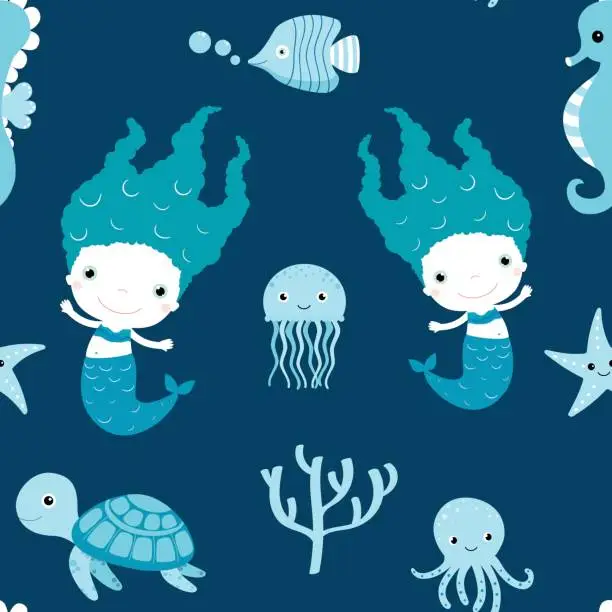 Vector illustration of Cute seamless pattern with mermaids and sea animals on blue and white colors for children clothing and paper wrapping