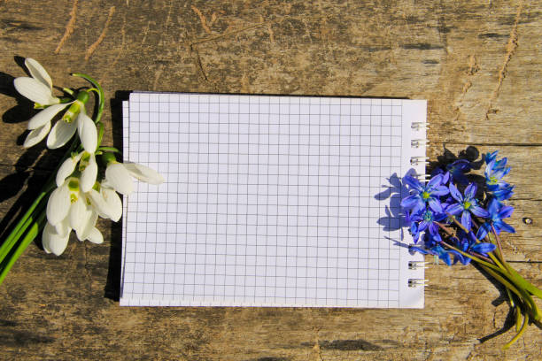 istock Bouquet of spring flowers and notepad on wooden background 809925828