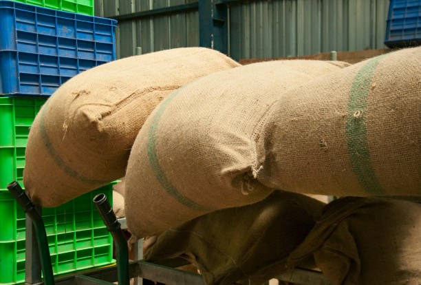 istock Bags in the warehouse on the racks. Coffee, arabica, rice. 809932974