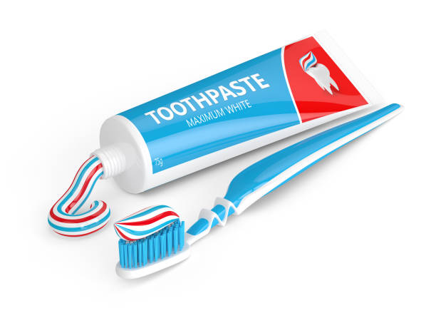 3d render zahnbürste mit zahnpasta über weiß - toothpaste stock-fotos und bilder
