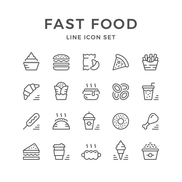 ilustrações de stock, clip art, desenhos animados e ícones de set line icons of fast food - coffee bagel donut coffee cup