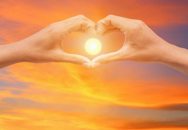 istock hand forming  a heart shape with  sunset  light and copy space for add text 809955156