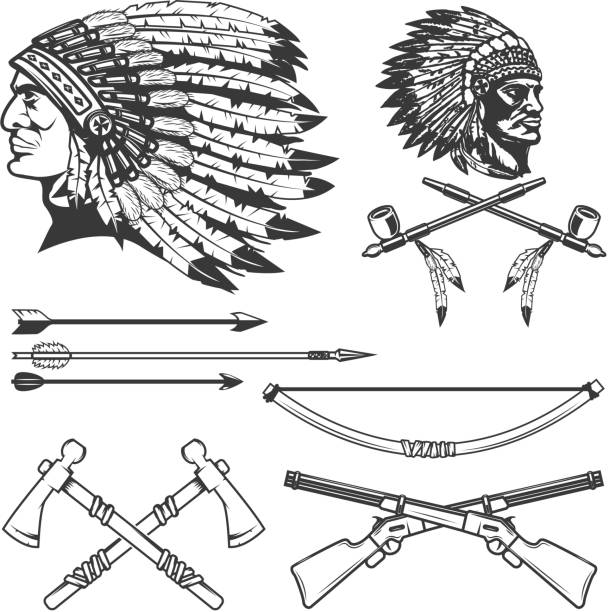 아메리카 원주민 인디언 족장 머리의 집합입니다. 국가 미국 인디언 머리 장식, 활, 화살, 담배 파이프, 토마 호크. 벡터 일러스트 레이 션 - north american tribal culture arrow arrowhead bow and arrow stock illustrations
