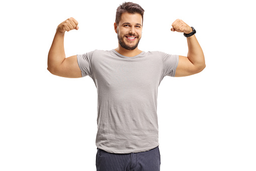 Guy flexing his biceps isolated on white background