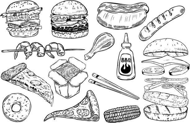 illustrations, cliparts, dessins animés et icônes de série d’illustrations de fast-food dessinés à la main. burger, pizza, hot-dog, nourriture de chine, maïs grillé, crevettes, beignets. concevoir des éléments de menu, affiche - old fashioned pizza label design element