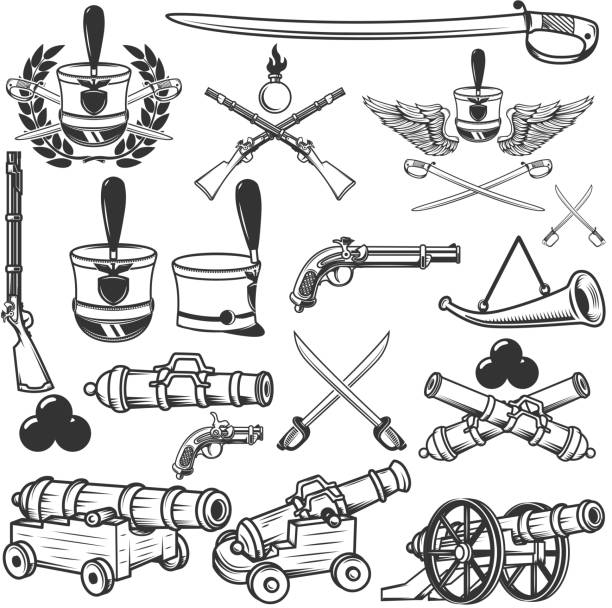 Old weapons, muskets, sabers, cannons, cores, hussar headgear. Design elements for label, emblem, sign. Vector illustration Old weapons, muskets, sabers, cannons, cores, hussar headgear. Design elements for label, emblem, sign. Vector illustration rifle old fashioned antique ancient stock illustrations