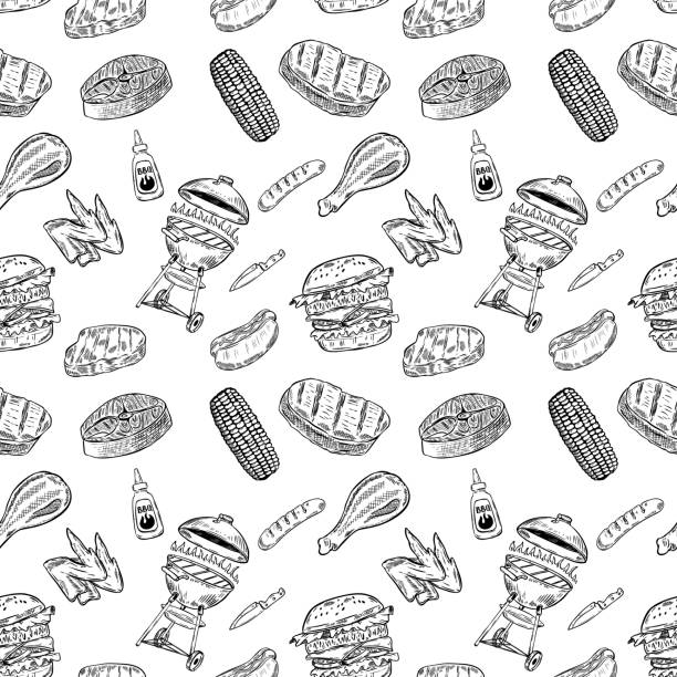ilustrações, clipart, desenhos animados e ícones de padrão sem emenda para churrascos e grelhados. elemento do projeto para cartaz, papel de embrulho. ilustração vetorial - grilled steak illustrations