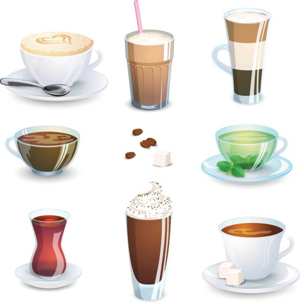 ノンアルコール飲料 - 紅茶、ハーブティー、ココア、カフェラテ、mate 商品、コーヒーのセットです。ベクトル図では、白で隔離。 - hot chocolate coffee isolated on white cup点のイラスト素材／クリップアート素材／マンガ素材／アイコン素材