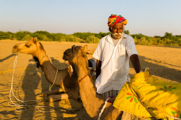 istock Rajasthani senior man in Jaisalmer Desert with a Camel, India 810002652