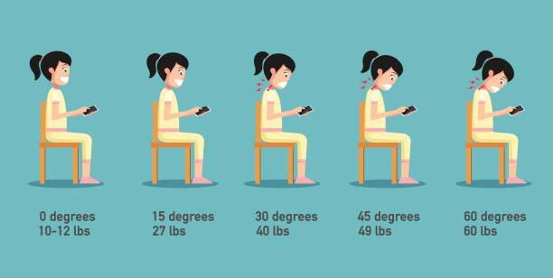 illustrations, cliparts, dessins animés et icônes de les postures de mauvais téléphone intelligent, l’angle de flexion de tête liés à la pression sur la colonne vertébrale, la posture du corps - human muscle the human body anatomy body