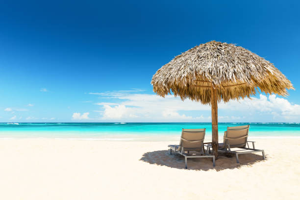 istock Beach chairs with umbrella and beautiful sand beach 810003060