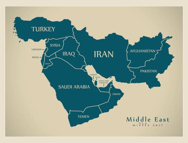 современная карта - ближний восток с иллюстрацией стран - iran stock illustrations