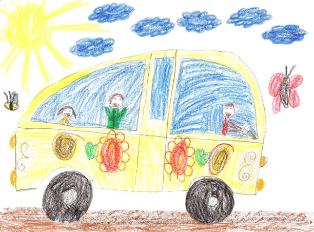 Children drawing car trip Happy kids ride on car and smiling. childs drawing stock illustrations
