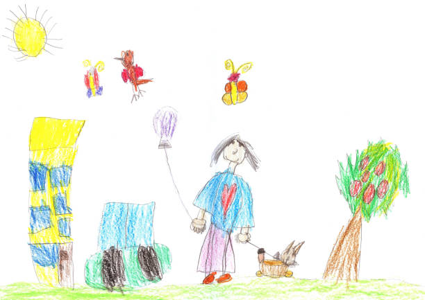 illustrations, cliparts, dessins animés et icônes de dessin de l’enfant d’un enfant heureux - childs drawing child preschool crayon