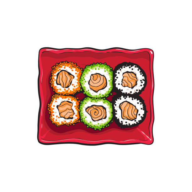 teller mit japanischen sushi, brötchen, skizze-stil-vektor-illustration - sushi nigiri white background red stock-grafiken, -clipart, -cartoons und -symbole