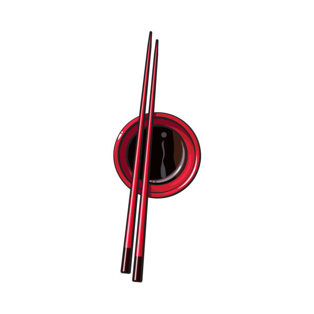 illustrations, cliparts, dessins animés et icônes de baguettes asiatiques, chinois, japonais en bambou, couché sur le bol de sauce de soja - chopsticks nobody red white background