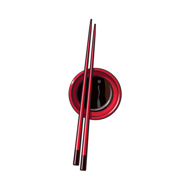 대나무 아시아, 중국, 일본 젓가락 간장 그릇에 누워 - chopsticks nobody red white background stock illustrations