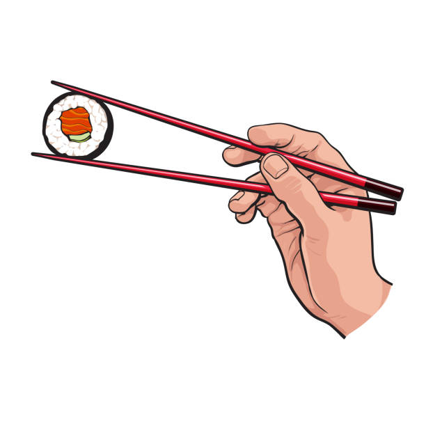 일본 초밥을 들고 손, 나무 젓가락의 쌍 롤 - sushi nigiri white background red stock illustrations