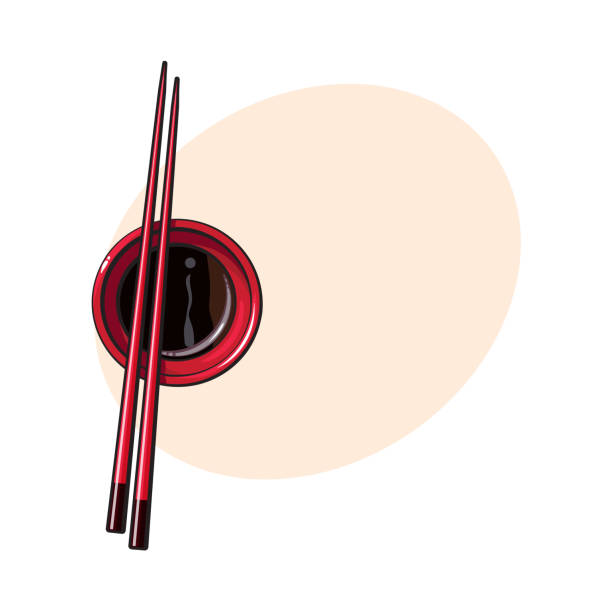 illustrations, cliparts, dessins animés et icônes de baguettes asiatiques, chinois, japonais en bambou, couché sur le bol de sauce de soja - chopsticks nobody red white background