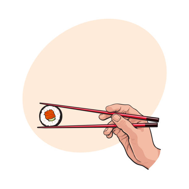 illustrazioni stock, clip art, cartoni animati e icone di tendenza di mano che tiene il sushi giapponese, rotolo con un paio di bacchette di legno - sushi nigiri white background red