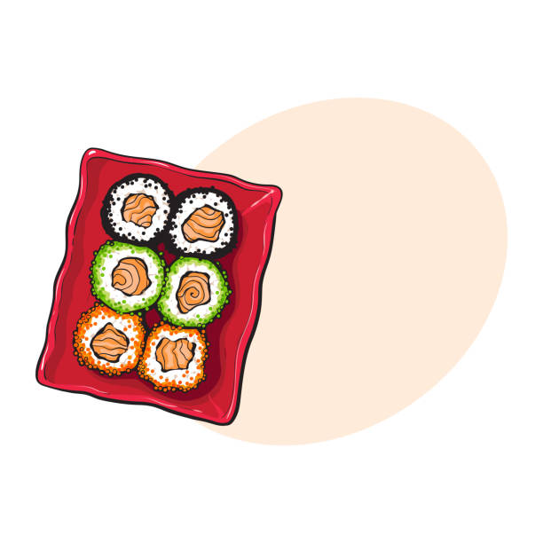 teller mit japanischen sushi, brötchen, skizze-stil-vektor-illustration - sushi nigiri white background red stock-grafiken, -clipart, -cartoons und -symbole