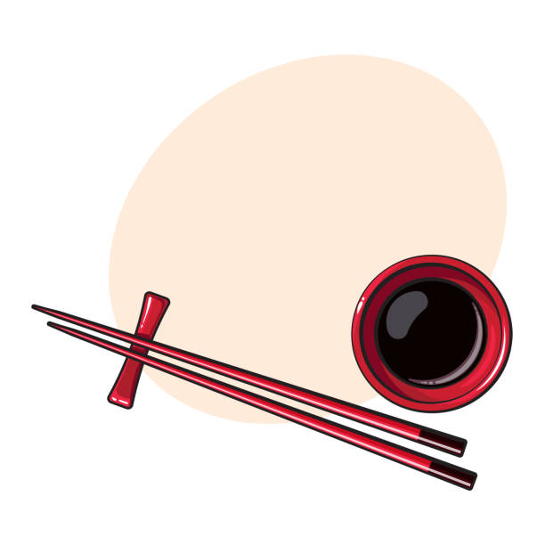 ilustrações, clipart, desenhos animados e ícones de pauzinhos de asiática, chinesa, japonesa de bambu deitado na tigela de molho de soja - chopsticks nobody red white background