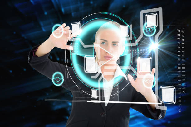 istock Blonde businesswoman touching interface 810007674